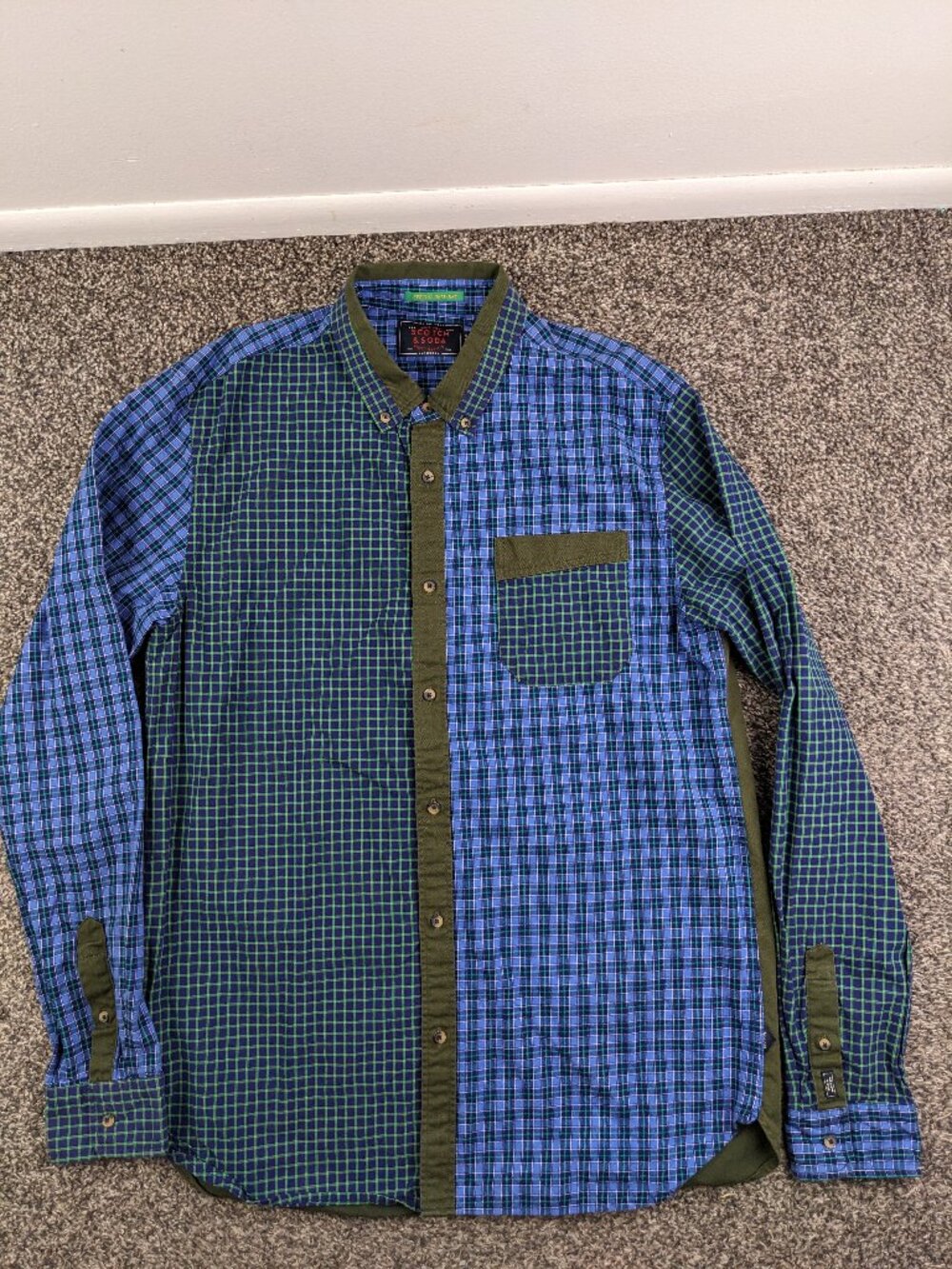 Scotch & Soda Shirt Twill L/S Button Patchwork Plaid Blue Green Mens XL